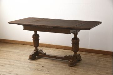 アンティーク家具　イギリスアンティーク　オーク材　ブルボーズレッグが目を惹くドローリーフテーブル(エクステンションテーブル、ダイニングテーブル、食卓、2人掛け、4人掛け、6人掛け)(R-063604)