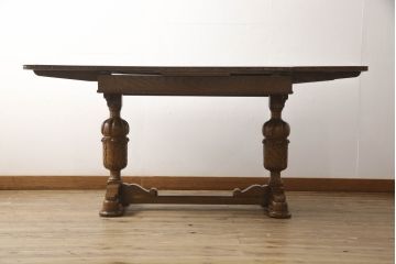 アンティーク家具　イギリスアンティーク　オーク材　ブルボーズレッグが目を惹くドローリーフテーブル(エクステンションテーブル、ダイニングテーブル、食卓、2人掛け、4人掛け、6人掛け)(R-063604)