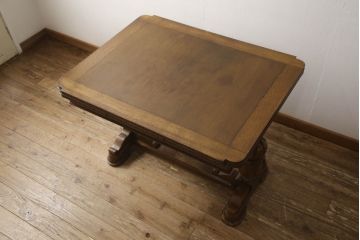 アンティーク家具　イギリスアンティーク　オーク材　ブルボーズレッグが目を惹くドローリーフテーブル(エクステンションテーブル、ダイニングテーブル、食卓、2人掛け、4人掛け、6人掛け)(R-063604)