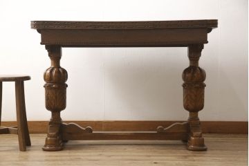 アンティーク家具　イギリスアンティーク　オーク材　ブルボーズレッグが目を惹くドローリーフテーブル(エクステンションテーブル、ダイニングテーブル、食卓、2人掛け、4人掛け、6人掛け)(R-063604)