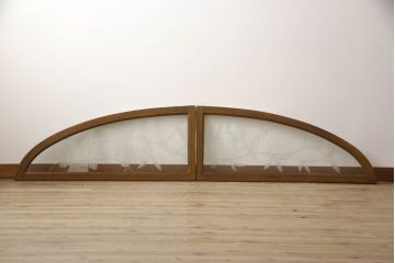 和製アンティーク　激レア!　希少　ナラ材　古い洋館のエッチングガラスの明り取り2枚セット(ガラス欄間、明かり取り)(R-063606)