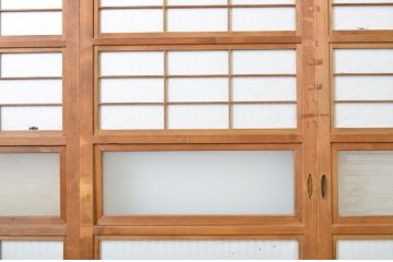 和製アンティーク　表裏で雰囲気が変わる裏障子付き　幅狭格子戸4枚セット(障子戸、引き戸、ガラス戸、建具、ガラス帯戸)(R-063694)