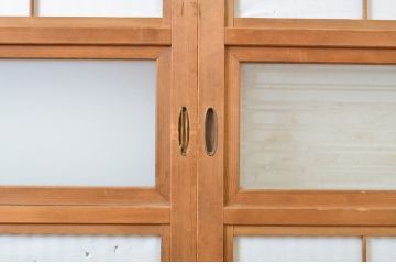 和製アンティーク　表裏で雰囲気が変わる裏障子付き　幅狭格子戸4枚セット(障子戸、引き戸、ガラス戸、建具、ガラス帯戸)(R-063694)