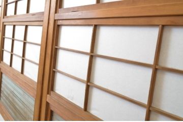 和製アンティーク　表裏で雰囲気が変わる裏障子付き　幅狭格子戸4枚セット(障子戸、引き戸、ガラス戸、建具、ガラス帯戸)(R-063694)