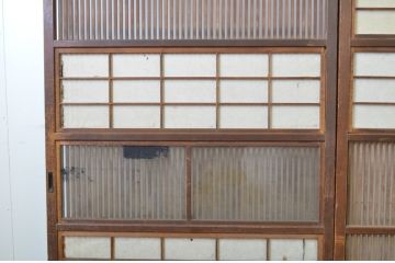 和製アンティーク　腰板欅(ケヤキ)　昭和の懐かしさを感じさせる裏障子付き格子戸2枚セット(建具、引き戸)(R-063700)