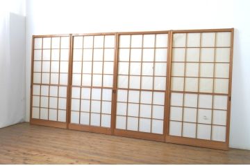 レトロ建具　昭和レトロ　落ち着いた和の空間づくりにおすすめな雪見障子戸4枚セット(建具、擦り上げ障子戸、擦上障子戸、引き戸)(R-063703)