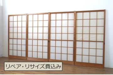 レトロ建具　昭和レトロ　温かな木の色味が魅力の雪見障子戸4枚セット(建具、引き戸、擦り上げ障子戸、擦上障子戸、ガラス戸)(R-063704)