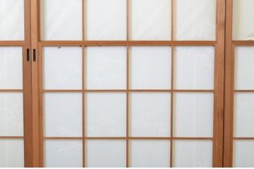 レトロ建具　昭和レトロ　温かな木の色味が魅力の雪見障子戸4枚セット(建具、引き戸、擦り上げ障子戸、擦上障子戸、ガラス戸)(R-063704)