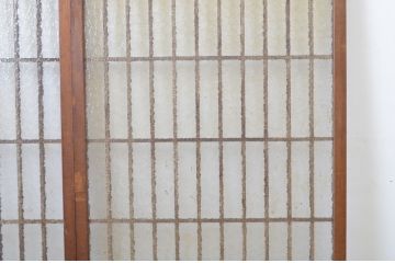 アンティーク建具　腰板欅(ケヤキ)材　プレスガラスが美しい格子ガラス戸2枚セット(格子戸、引き戸)(R-063707)