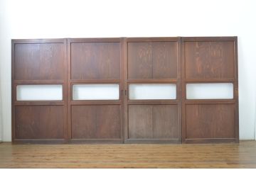 アンティーク建具　レーザー組子入り!きれいな木目が印象的なガラス帯戸4枚セット(引き戸、ガラス戸)(R-63718)