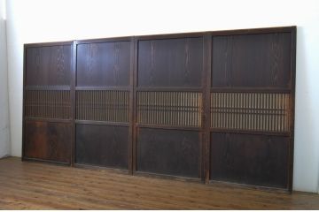 アンティーク建具　裏障子付き　木目が美しい格子帯戸4枚セット(板戸、格子戸、障子戸、引き戸)(R-063720)