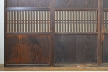 アンティーク建具　裏障子付き　木目が美しい格子帯戸4枚セット(板戸、格子戸、障子戸、引き戸)(R-063720)