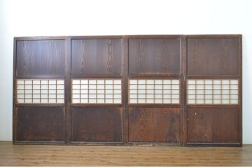 アンティーク建具　裏障子付き　木目が美しい格子帯戸4枚セット(板戸、格子戸、障子戸、引き戸)(R-063720)