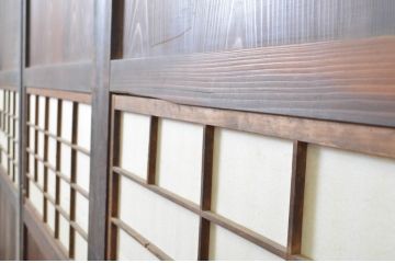 アンティーク建具　裏障子付き　情緒ある和の雰囲気作りにおすすめの格子帯戸3枚セット(格子戸、引き戸)(R-063721)