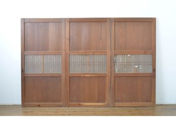 アンティーク建具　裏ガラス付き　落ち着いた和の空間を演出する格子帯戸3枚セット(ガラス戸、引き戸、ガラス帯戸)(R-063723)