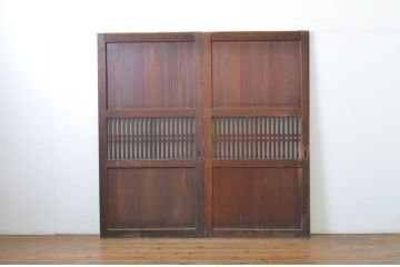 アンティーク建具　裏ガラス付き　落ち着いた和の空間を演出する格子帯戸2枚セット(ガラス戸、引き戸、ガラス帯戸)(R-063724)