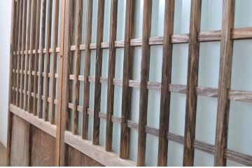 アンティーク建具　和の雰囲気漂う玄関戸2枚セット(ガラス戸、格子戸、引き戸)(R-063731)