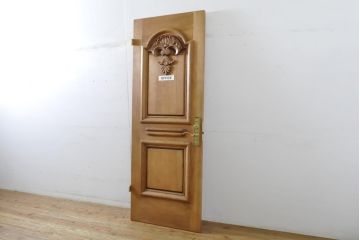 中古　ブランド家具　総ナラ(楢)材　立派な彫刻の高級ドア1枚(オークドア、扉、木製ドア、玄関ドア、建具)(R-063774)