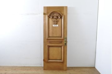 中古　ブランド家具　総ナラ(楢)材　立派な彫刻の高級ドア1枚(オークドア、扉、木製ドア、玄関ドア、建具)(R-063774)