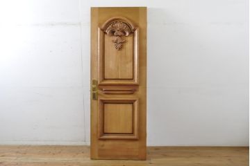 中古　ブランド家具　総ナラ(楢)材　立派な彫刻の高級ドア1枚(オークドア、扉、木製ドア、玄関ドア、建具)(R-063774)