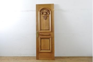 中古　ブランド家具　総ナラ(楢)材　立派な彫刻の高級ドア1枚(オークドア、扉、木製ドア、玄関ドア、建具)(R-063775)