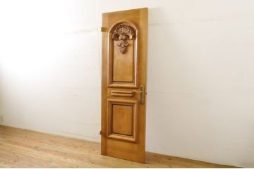 中古　ブランド家具　総ナラ(楢)材　立派な彫刻の高級ドア1枚(オークドア、扉、木製ドア、玄関ドア、建具)(R-063777)