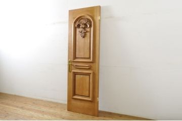 中古　ブランド家具　総ナラ(楢)材　立派な彫刻の高級ドア1枚(オークドア、扉、木製ドア、玄関ドア、建具)(R-063780)