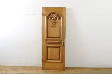 中古　ブランド家具　総ナラ(楢)材　立派な彫刻の高級ドア1枚(オークドア、扉、木製ドア、玄関ドア、建具)(R-063781)