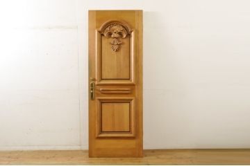 中古　ブランド家具　総ナラ(楢)材　立派な彫刻の高級ドア1枚(オークドア、扉、木製ドア、玄関ドア、建具)(R-063781)