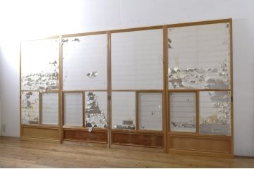中古　上手物　和の空間づくりにおすすめ!　数寄屋で使われていた猫間障子戸4枚セット(雪見障子戸、建具、引き戸、擦り上げ障子戸、擦上障子戸、ガラス戸)(R-063787)