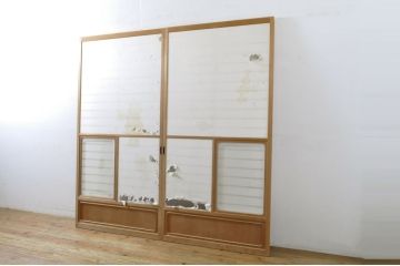 中古　上手物　和の空間づくりにおすすめ!　数寄屋で使われていた猫間障子戸2枚セット(雪見障子戸、建具、引き戸、擦り上げ障子戸、擦上障子戸、ガラス戸)(R-063788)