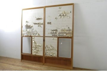 中古　上手物　和の空間づくりにおすすめ!　数寄屋で使われていた猫間障子戸2枚セット(雪見障子戸、建具、引き戸、擦り上げ障子戸、擦上障子戸、ガラス戸)(R-063790)