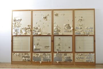 中古　上手物　和の空間づくりにおすすめ!　数寄屋で使われていた幅狭猫間障子戸4枚セット(雪見障子戸、建具、引き戸、擦り上げ障子戸、擦上障子戸、ガラス戸)(R-063791)
