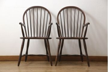 中古　美品　松本民芸家具　美しいシルエットが目を引く#85リーチ型アームチェア2脚セット(ダイニングチェア、板座チェア、アームチェア、椅子)(R-063812)
