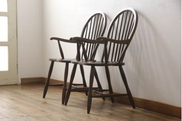 中古　美品　松本民芸家具　美しいシルエットが目を引く#85リーチ型アームチェア2脚セット(ダイニングチェア、板座チェア、アームチェア、椅子)(R-063812)