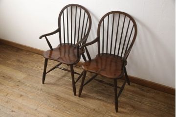 中古　美品　松本民芸家具　美しいシルエットが目を引く#85リーチ型アームチェア2脚セット(ダイニングチェア、板座チェア、アームチェア、椅子)(R-063812)