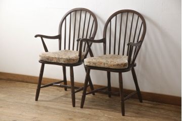 中古　美品　松本民芸家具　クッション付き　美しいシルエットが目を引く、#85リーチ型アームチェア2脚セット(ダイニングチェア、板座チェア、アームチェア、椅子)(R-063813)