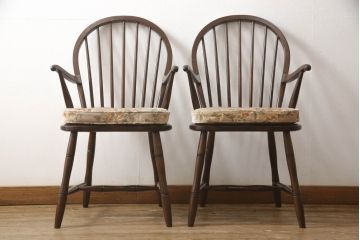中古　美品　松本民芸家具　クッション付き　美しいシルエットが目を引く、#85リーチ型アームチェア2脚セット(ダイニングチェア、板座チェア、アームチェア、椅子)(R-063813)