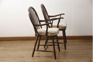 中古　美品　松本民芸家具　クッション付き　美しいシルエットが目を引く、#85リーチ型アームチェア2脚セット(ダイニングチェア、板座チェア、アームチェア、椅子)(R-063813)