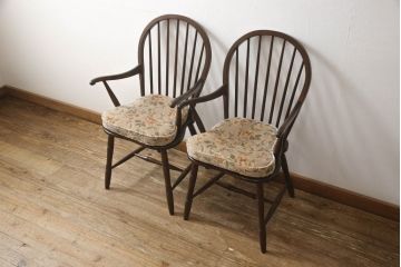 中古　美品　松本民芸家具　クッション付き　美しいシルエットが目を引く、#85リーチ型アームチェア2脚セット(ダイニングチェア、板座チェア、アームチェア、椅子)(R-063813)