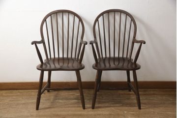 中古　美品　松本民芸家具　クッション付き　美しいシルエットが目を引く、#85リーチ型アームチェア2脚セット(ダイニングチェア、板座チェア、アームチェア、椅子)(R-063813)