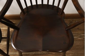 中古　美品　松本民芸家具　クッション付き　美しいシルエットが目を引く、#85リーチ型アームチェア2脚セット(ダイニングチェア、板座チェア、アームチェア、椅子)(R-063813)