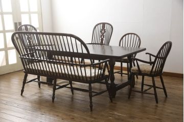 中古　美品　松本民芸家具　クッション付き　美しいシルエットが目を引く、#85リーチ型アームチェア2脚セット(ダイニングチェア、板座チェア、アームチェア、椅子)(R-063813)