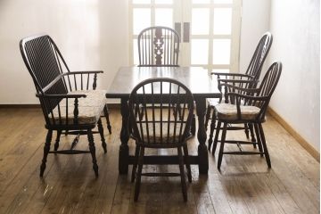 中古　美品　松本民芸家具　クッション付き　美しいシルエットが目を引く、#85リーチ型アームチェア2脚セット(ダイニングチェア、板座チェア、アームチェア、椅子)(R-063813)
