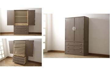 中古　美品　加茂桐箪笥　伝統工芸士　山本隆作　木の色味と総唐草の金具がシックな印象の総桐箪笥(胴丸、桐たんす、着物箪笥、衣装タンス、和タンス)(R-063821)