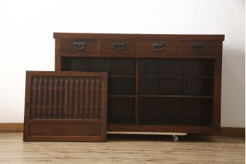 中古　美品　ニレ材　和の空間に取り入れたいシックな水屋箪笥サイドボード(キャビネット、食器棚、戸棚、収納棚)(R-063869)