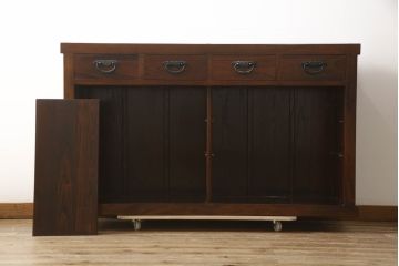 中古　美品　ニレ材　和の空間に取り入れたいシックな水屋箪笥サイドボード(キャビネット、食器棚、戸棚、収納棚)(R-063869)