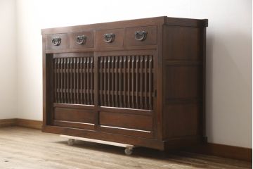 中古　美品　ニレ材　和の空間に取り入れたいシックな水屋箪笥サイドボード(キャビネット、食器棚、戸棚、収納棚)(R-063869)