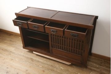 中古　美品　ニレ材　和の空間に取り入れたいシックな水屋箪笥サイドボード(キャビネット、食器棚、戸棚、収納棚)(R-063869)