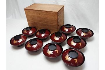 明治〜大正　輪島塗　花蝶　蒔絵　漆器　吸物椀10客(共箱付き、お椀)(R-063930)